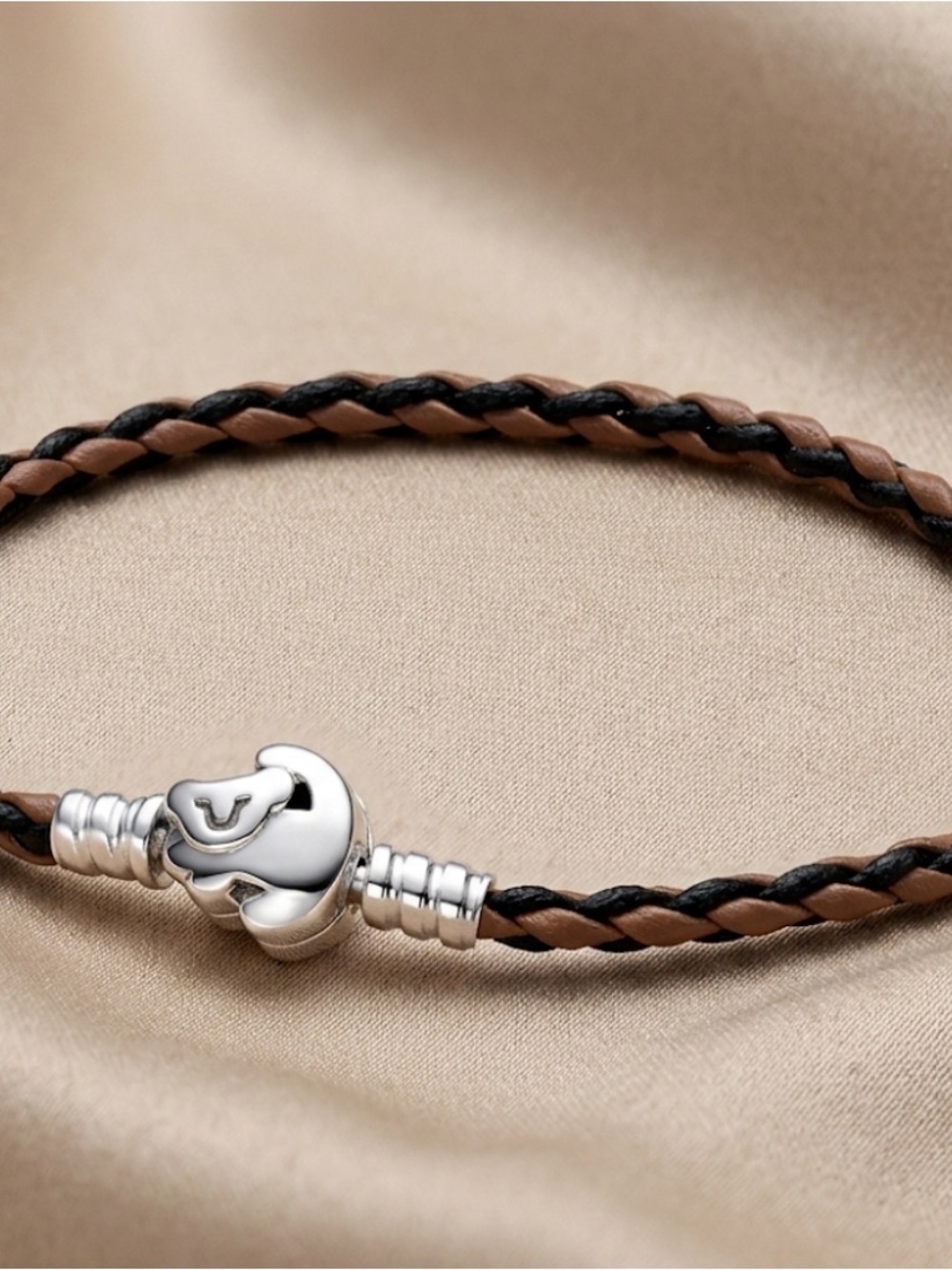 Braided Brown & Black Leather Bracelet with Silver Clasp